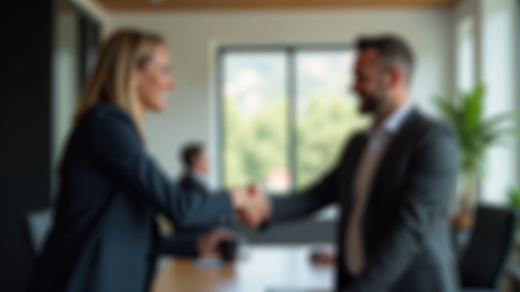 Due professionisti che si stringono la mano in accordo, sfondo di ufficio moderno, espressione positiva