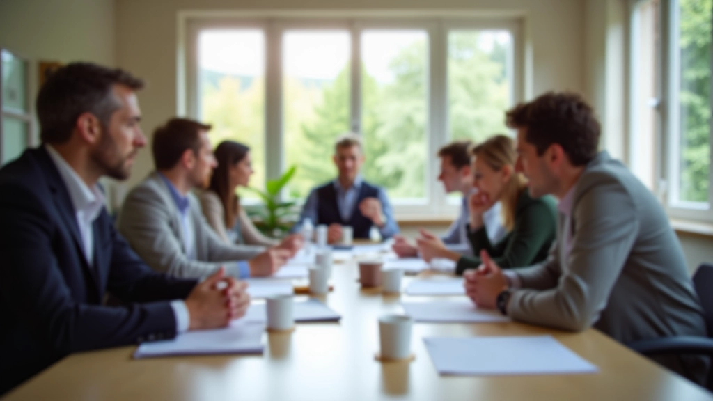 Riunione aziendale con persone che discutono attorno a tavolo, documenti sparsi, atmosfera collaborativa