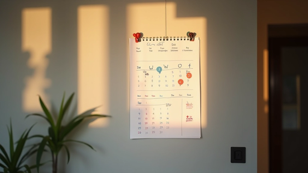 Calendario di carta appeso alla parete con segni di spunta nei giorni, rappresenta pianificazione e routine, fotografia ravvicinata con fuoco nitido