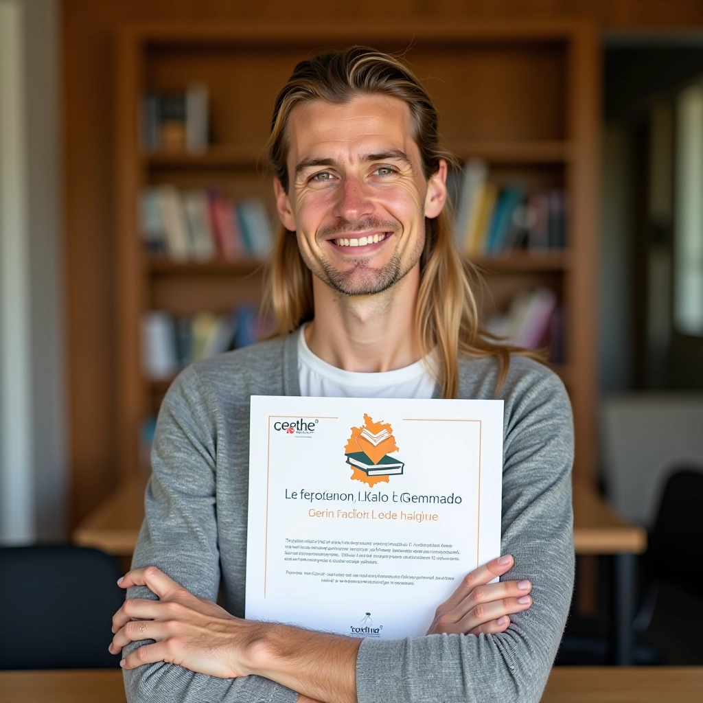 Certificato Goethe con il logo ufficiale e sfondo che mostra libri di tedesco e una mappa della Germania