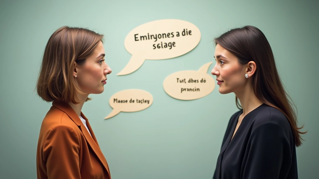 Conversazione tra due persone con fumetti di parole in tedesco sullo sfondo