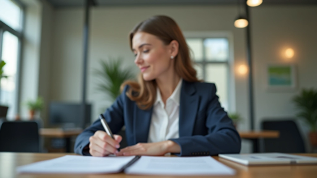 Documenti aziendali e telefono su scrivania professionale con sfondo sfocato di ufficio moderno