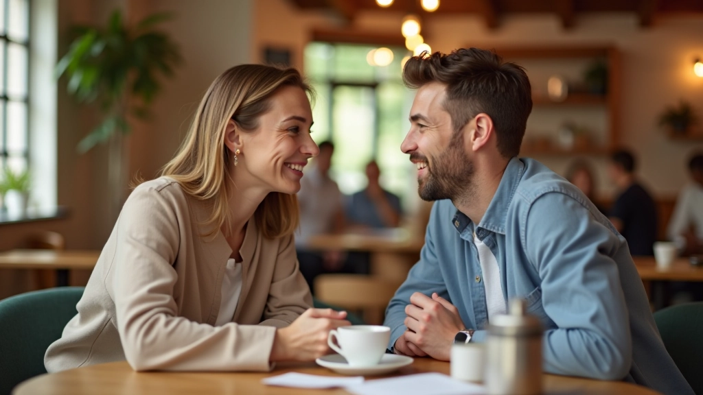 Due persone che conversano amichevolmente in una caffetteria accogliente, rappresentando la pratica naturale della conversazione tedesca