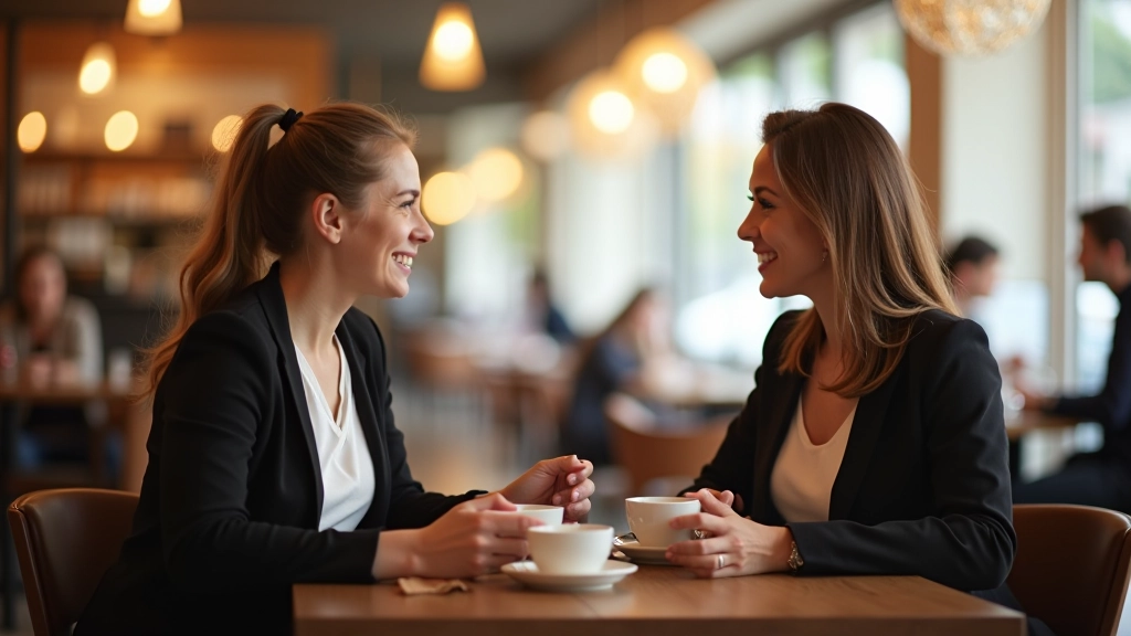 Due persone in conversazione informale in una caffetteria, sedute uno di fronte all'altro con caffè, ambiente luminoso e rilassato
