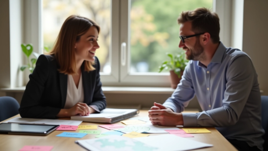 Insegnante di tedesco e studente che parlano intorno a un tavolo con libri, foglietti adesivi colorati con vocaboli tedeschi e una mappa dell'Alto Adige, luce naturale da finestra
