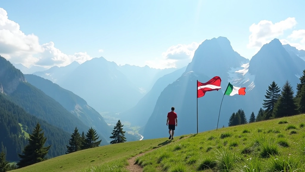 Paesaggio montano dell'Alto Adige con bandiera austriaca e italiana, alba sulle Dolomiti