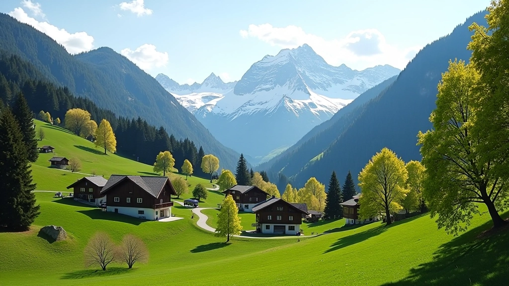 Paesaggio montano dell'Alto Adige con case tradizionali tirolesi circondate da alberi verdi e montagne innevate sullo sfondo, durante una giornata soleggiata di primavera
