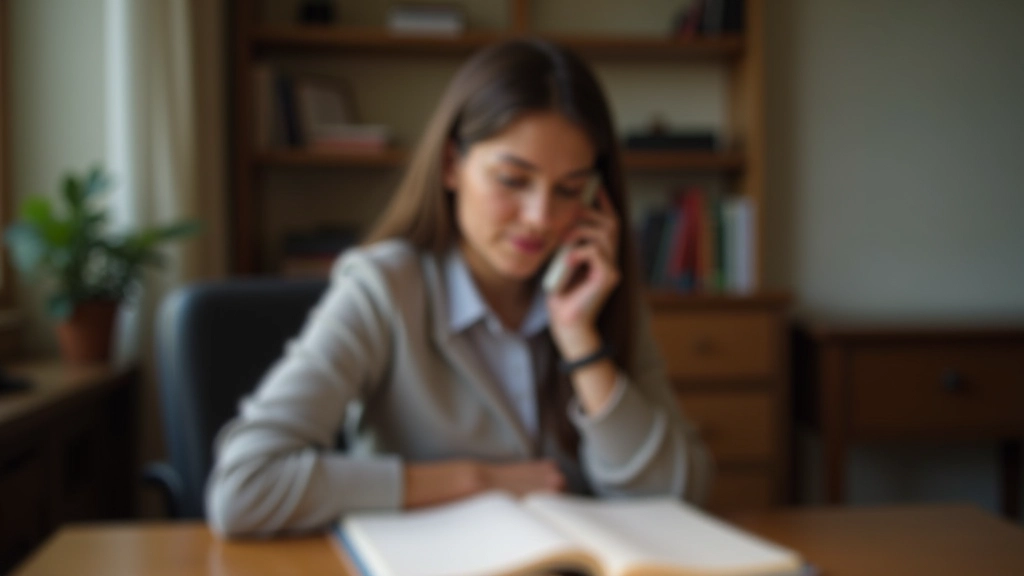 Persona che parla al telefono in tedesco, seduta a una scrivania luminosa con appunti di grammatica visibili