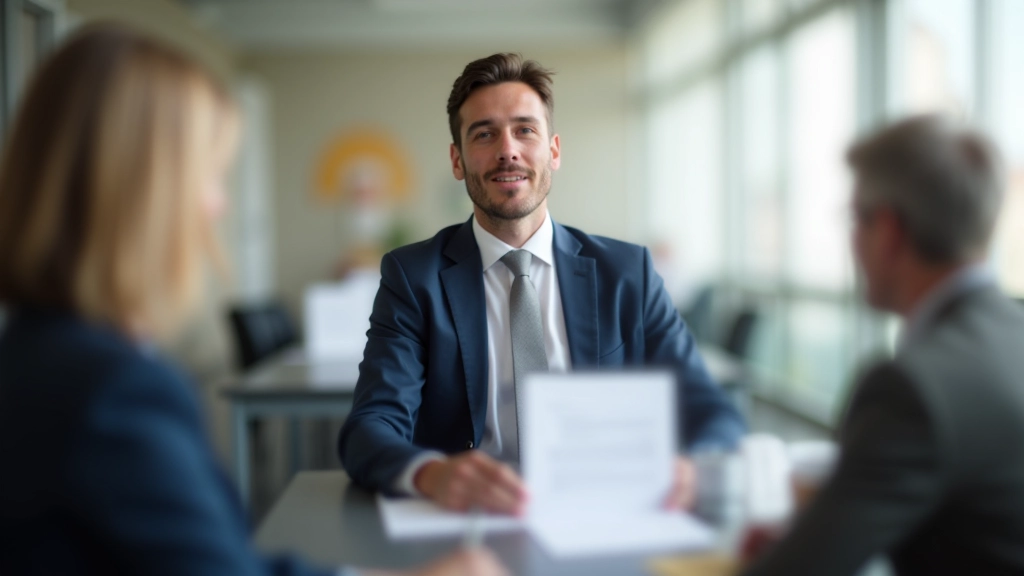 Persona in ufficio moderno con documento di business, riunione professionale, ambiente corporate con persone che parlano