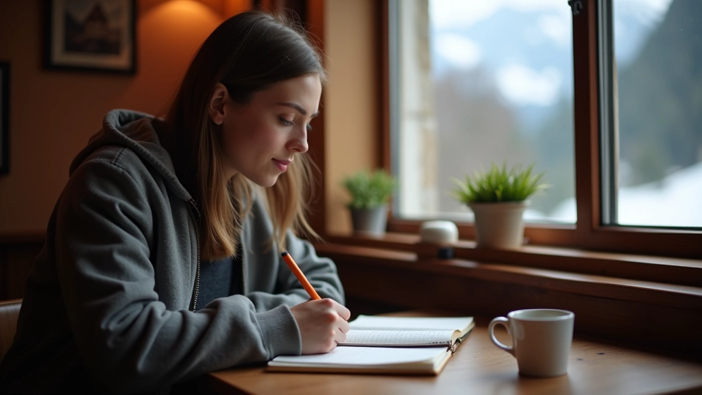 Studente che prende appunti in un quaderno in un caffè tradizionale tirolese, con una tazza di caffè e una finestra che mostra il paesaggio alpino sullo sfondo, atmosfera accogliente e luminosa