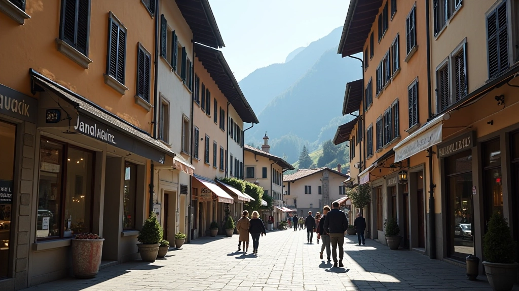 Piazza centrale di un paesino tirolese con negozi dai nomi tedeschi, persone che camminano, insegne bilingui italiano-tedesco, architettura tradizionale alpina, mattina luminosa