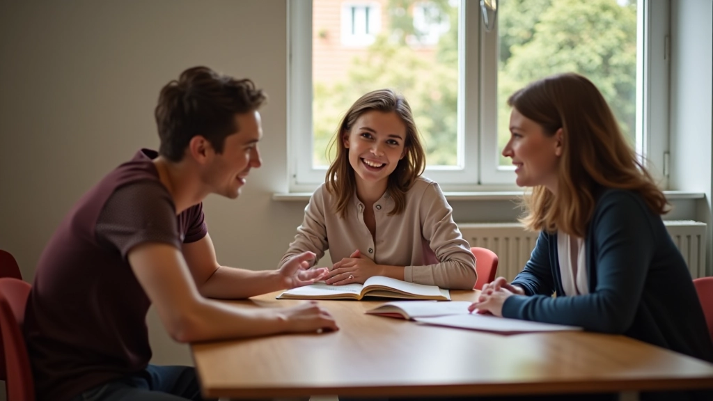 Tre studenti seduti attorno a un tavolo in una classe, conversano con gioia, libro di tedesco aperto, ambiente scolastico luminoso