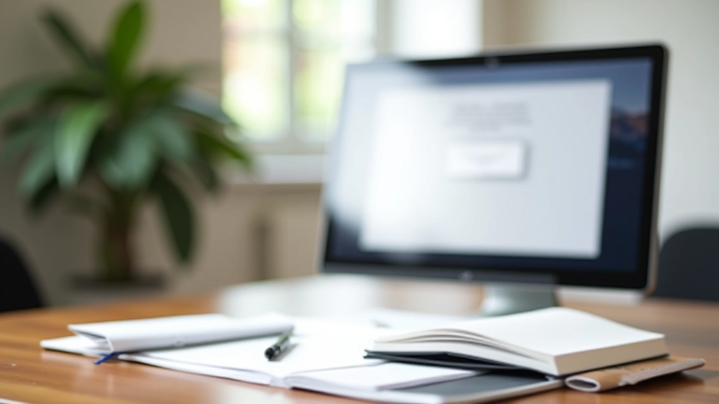 Schermo di computer con email professionale in tedesco, scrivania con notebook e penna